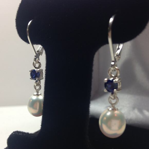 Beautiful Pearl & Sapphire Earrings in Sterling Silver Dangle Pearl Earrings - Picture 3 of 4